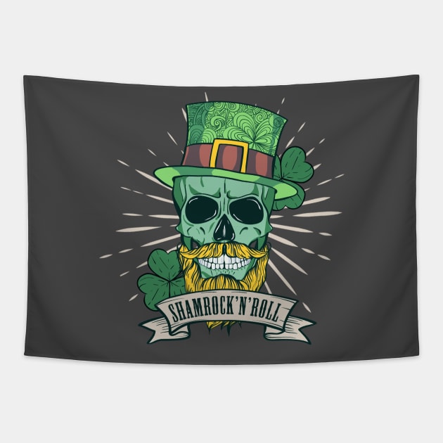 Shamrock N’ Roll St. Patrick's skull Tapestry by secondskin