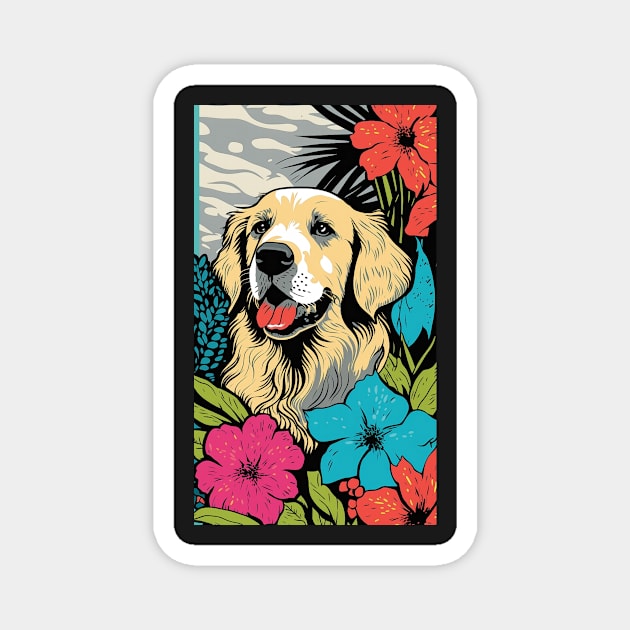 Golden Retriever Dog Vibrant Tropical Flower Tall Retro Vintage Digital Pop Art Portrait 2 Magnet by ArtHouseFlunky