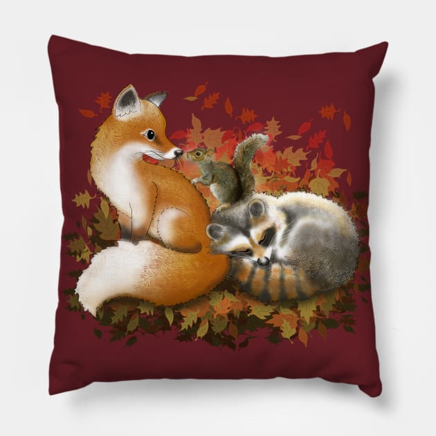 Fox, racoon and squirrel during autumn Pillow by Brash Ideas