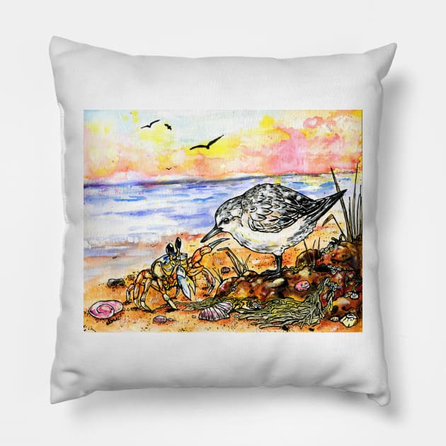 Sanderling and Ghost Crab Pillow by 10000birds