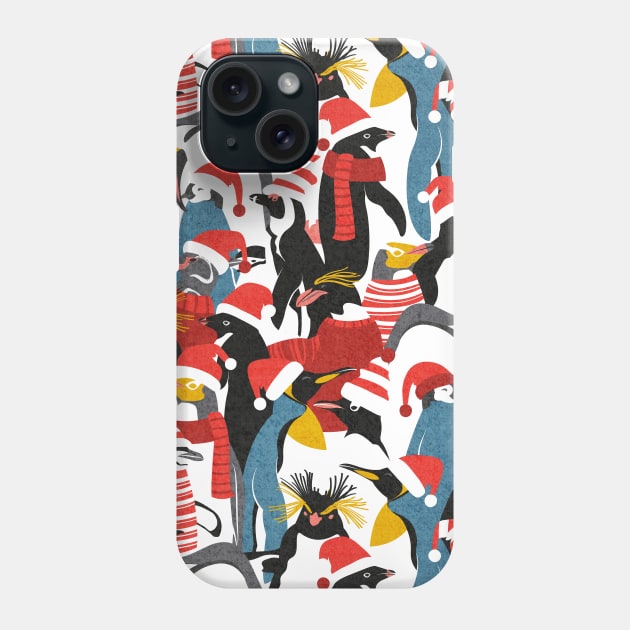 Merry penguins // pattern // black white grey dark teal yellow and coral type species of penguins red dressed for winter and Christmas season (King, African, Emperor, Gentoo, Galápagos, Macaroni, Adèlie, Rockhopper, Yellow-eyed, Chinstrap) Phone Case by SelmaCardoso