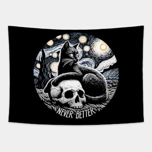 Never Better - Cat and skull Van Gogh inspired Tapestry