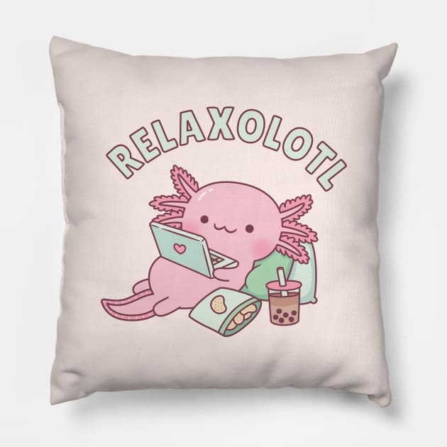 Cute Relax A Lot Axolotl Pun Funny Pillow by rustydoodle