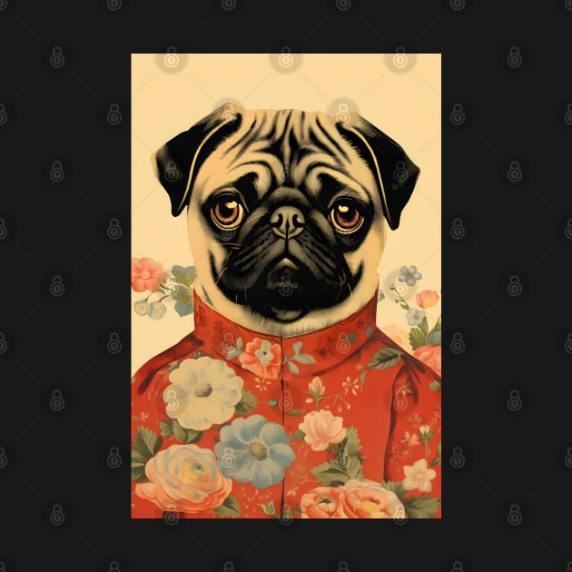 Floral Pug Dog Portrait in Suit Vintage Art by Art-Jiyuu