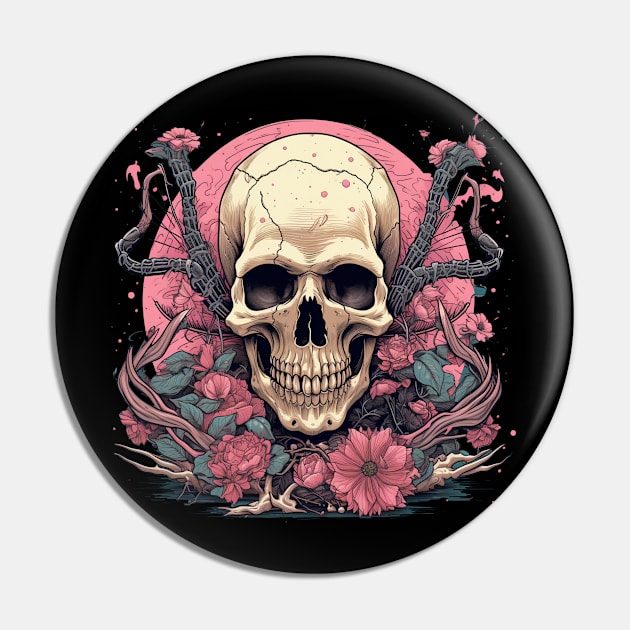 Classical Skull with Flowers and Sticks Pin by TOKEBI