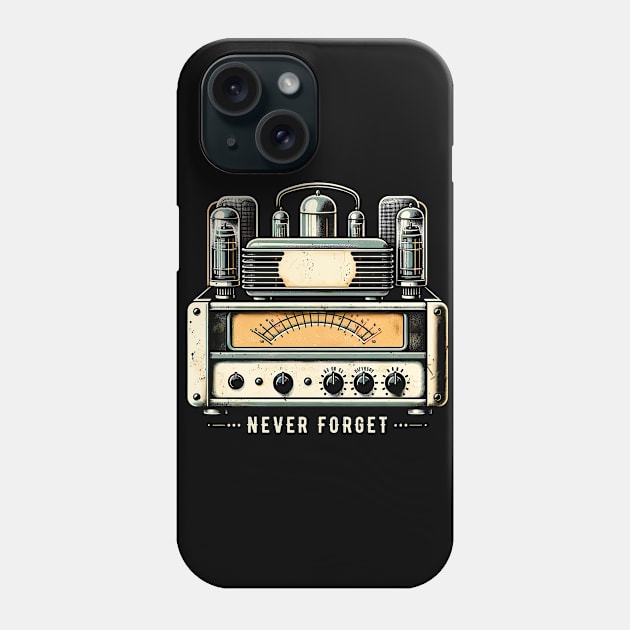 Vintage Retro Tube Amplifier 'Never Forget' T-Shirt - Music Lover Tee Phone Case by Klimek Prints