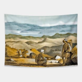 Blue sky with mountains and farmers Tapestry