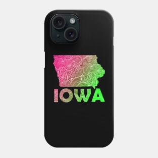 Colorful mandala art map of Iowa with text in pink and green Phone Case