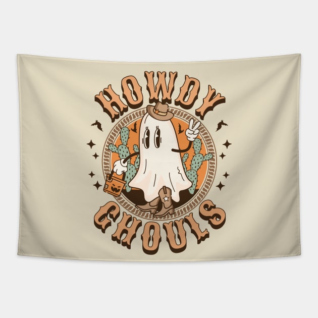 Howdy Ghouls Western Halloween Ghost Spooky Season Retro Tapestry by OrangeMonkeyArt