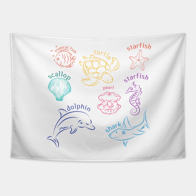 sea animal,Under the Sea,turtle,starfish,pearl, shark,dolphin,sea horse Tapestry by zzzozzo