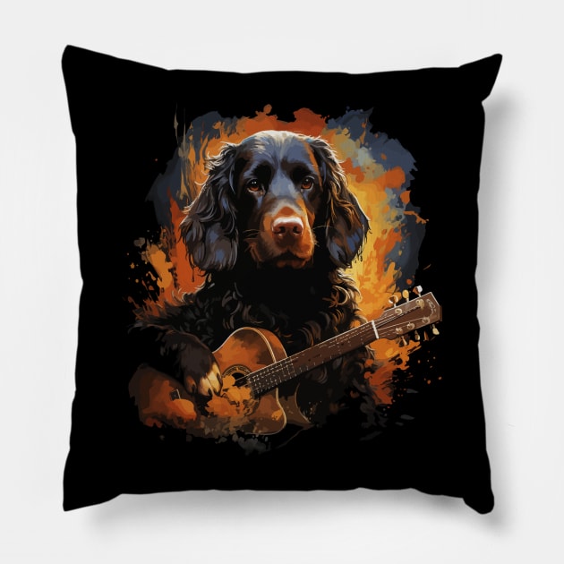 Field Spaniel Playing Guitar Pillow by JH Mart