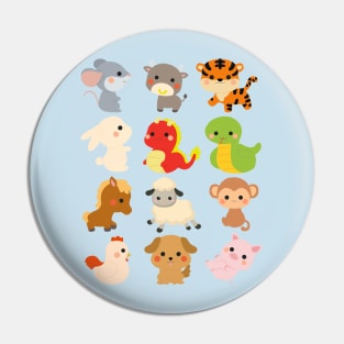 12 Chinese Zodiac Animals Cute Kawaii Colorful Pin