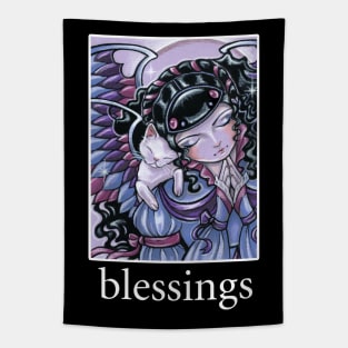 Angel and Kitten Lavender #1 - Quote - Blessings - White Outlined Version Tapestry