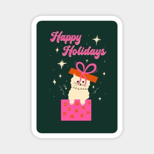 Happy Holidays! Cute white cat with bow illustration. Xmas art gift idea Magnet