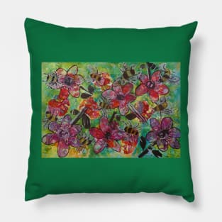 Bees and Red Flowers Pillow