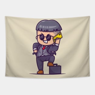 Cute Businessman Talking With Phone Cartoon Tapestry