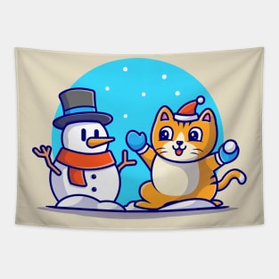 Cute Cat With Snowman Cartoon Vector Icon Illustration Tapestry