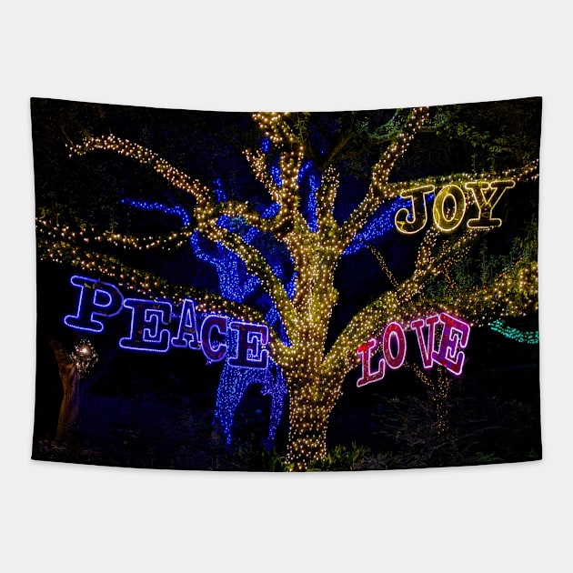 Peace, Joy, Love - night time photo of Texas holiday lights + live oak tree Tapestry by AtlasMirabilis