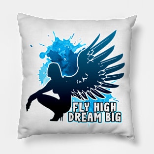 Fly High Dream Big Angel Wings Blue / Black Pillow