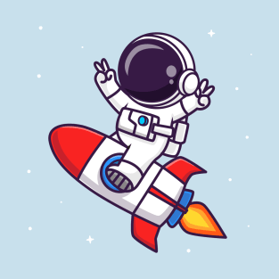 Cute Astronaut Riding Rocket With Peace Sign Cartoon T-Shirt