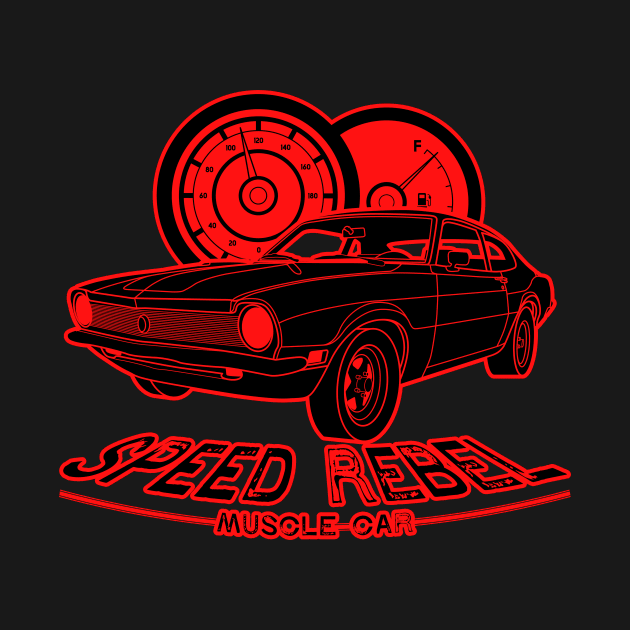 Red Speed Rebel Muscle Car vintage art with speedometer by Drumsartco