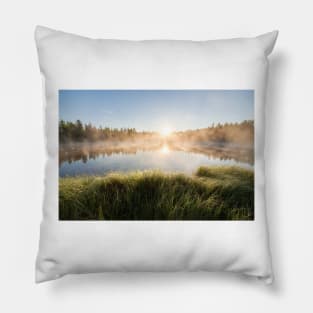 Sunrise at foggy forest lake Pillow