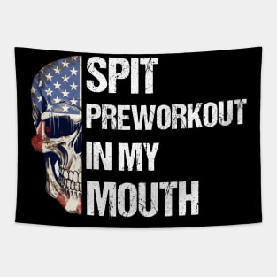 Spit Preworkout In My Mouth with American Flag Themed Half Skull Tapestry