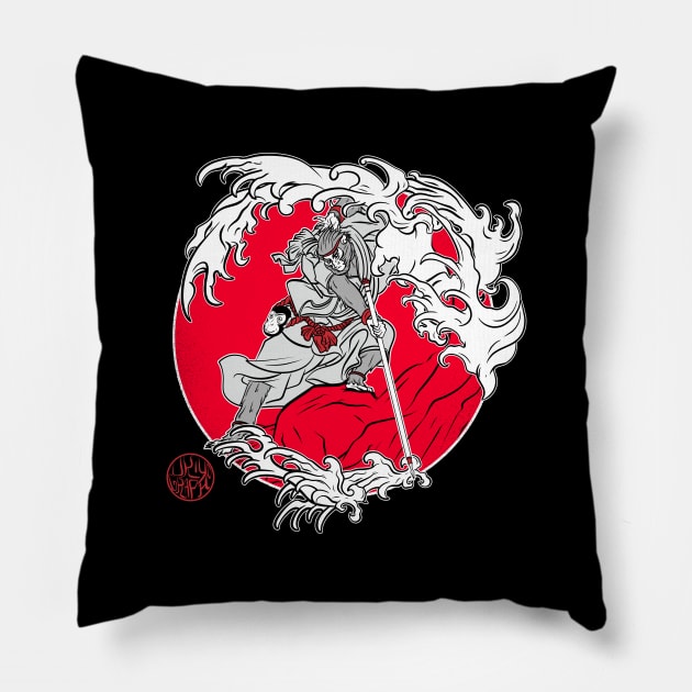 Warrior monkey and Japanese waves Pillow by Ukiyograph