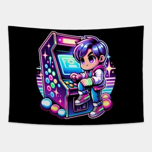 Chibi Boy Retro Neon 80s Video Gamer Cute Tapestry