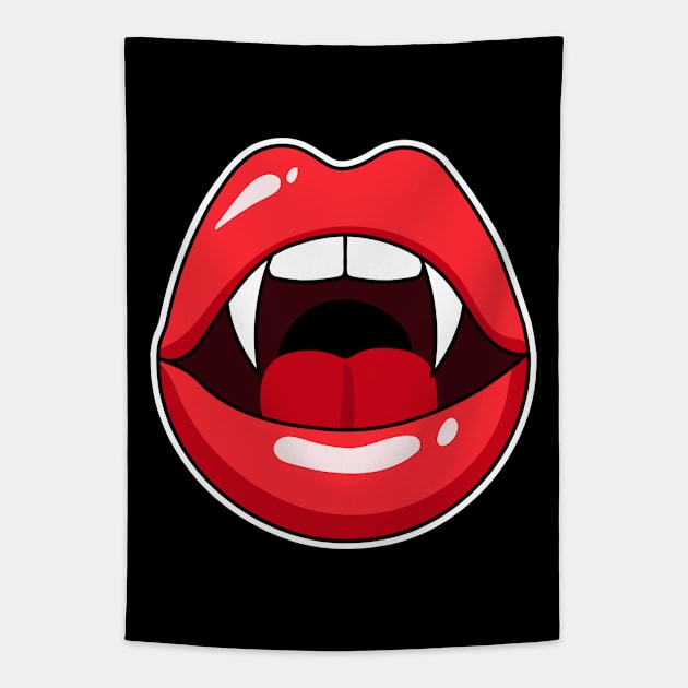 Womans mouth with red lipstick and vampire teeth Tapestry by keeplooping