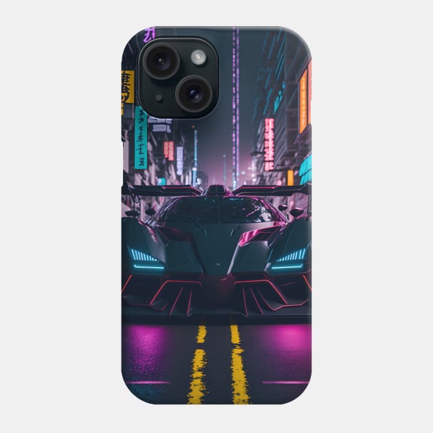 Dark Neon Sports Car in Japanese Neon City Phone Case by star trek fanart and more