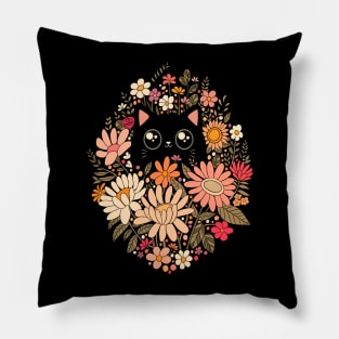 Cute black cat with Boho wildflowers Pillow