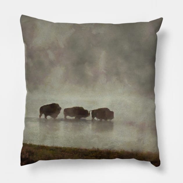 Bison in the Mist Pillow by Ryan Rad