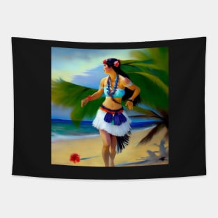 Hula Girl Hawaiian Luau Impressionist Painting Hawaii Palm Trees Tapestry