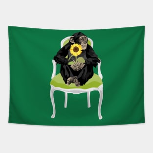 Chimp in a chair with a sunflower Tapestry