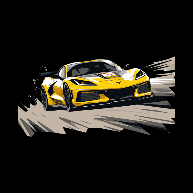 Accelerate Yellow Corvette C8 racecar on a race track Supercar Sports car Racing car by Tees 4 Thee