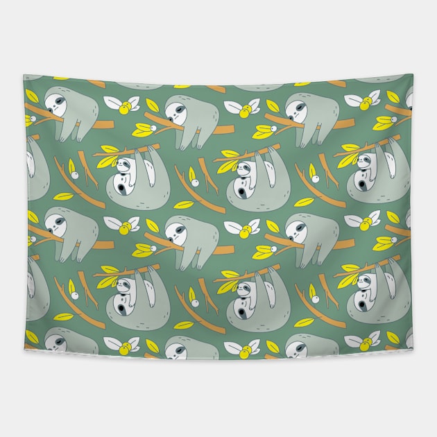 Mom and Baby Sloth Pattern in Green Tapestry by Noristudio