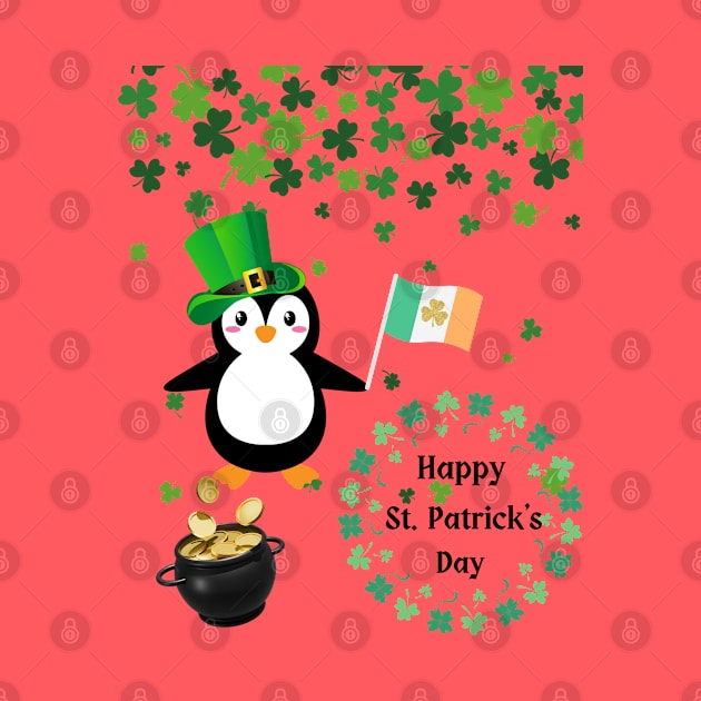 Happy St Patrick's Day Penguin With Pot of Gold and Irish Flag by The Treasure Hut