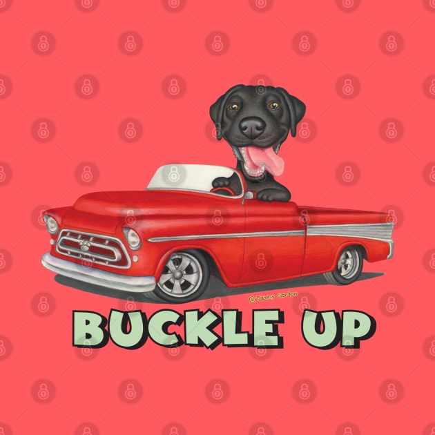 Cute Black labrador Retriever driving Classic Red Truck by Danny Gordon Art