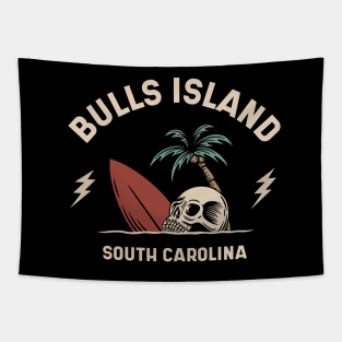 Vintage Surfing Bulls Island South Carolina // Retro Surf Skull Tapestry