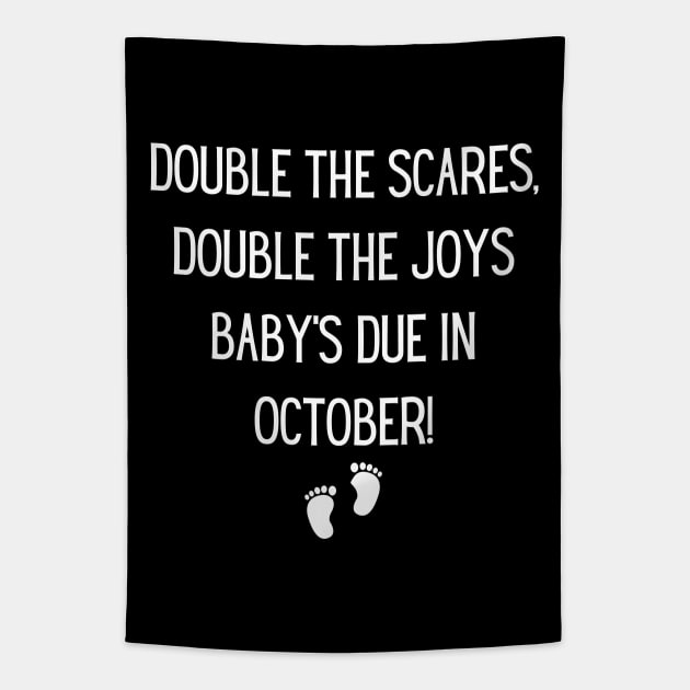 Double the Scares, Double the Joys – Baby's Due in October! Halloween, baby, Maternity Pregnancy Announcement Tapestry by Project Charlie