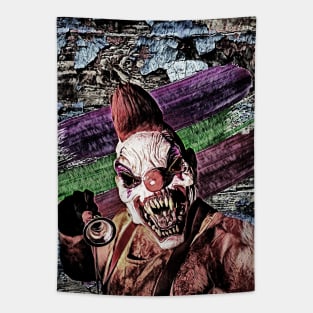 Evil clown holds a horn in his hand Tapestry