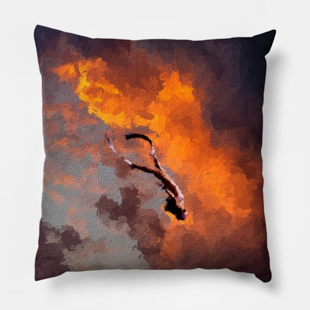 Woman diving in cloudy sky during sunset Pillow by DigitPaint