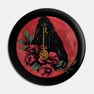 Black Crow With Flowers and Red Moon in a Mystical Landscape Pin