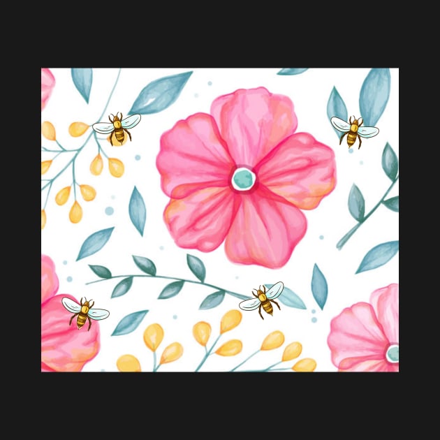 Pink and Yellow Flower Pattern with Honey Bees by gillys