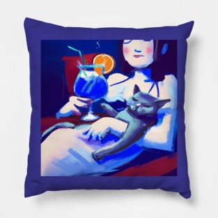 Vacation Lady Loves a Good Cocktail and Her Blue Cat Pillow