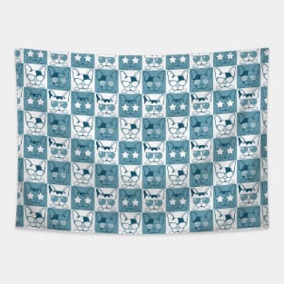 Frenchies with Glasses Pattern Blue Tapestry
