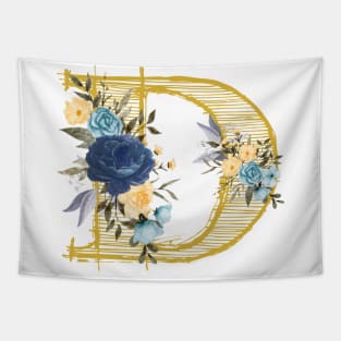 Monogram Letter D In Metallic Gold With Aesthetic Blue Flowers Botany Tapestry