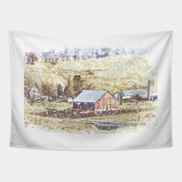 Red Barn In The Valley Tapestry by KirtTisdale