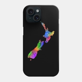 Colorful mandala art map of New Zealand with text in multicolor pattern Phone Case